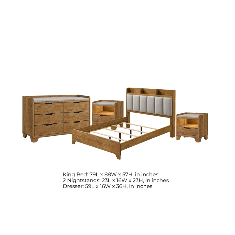 King Bedroom Set- Light Aspen Brown Gray- 4pc w 2 Nightstands- Dresser