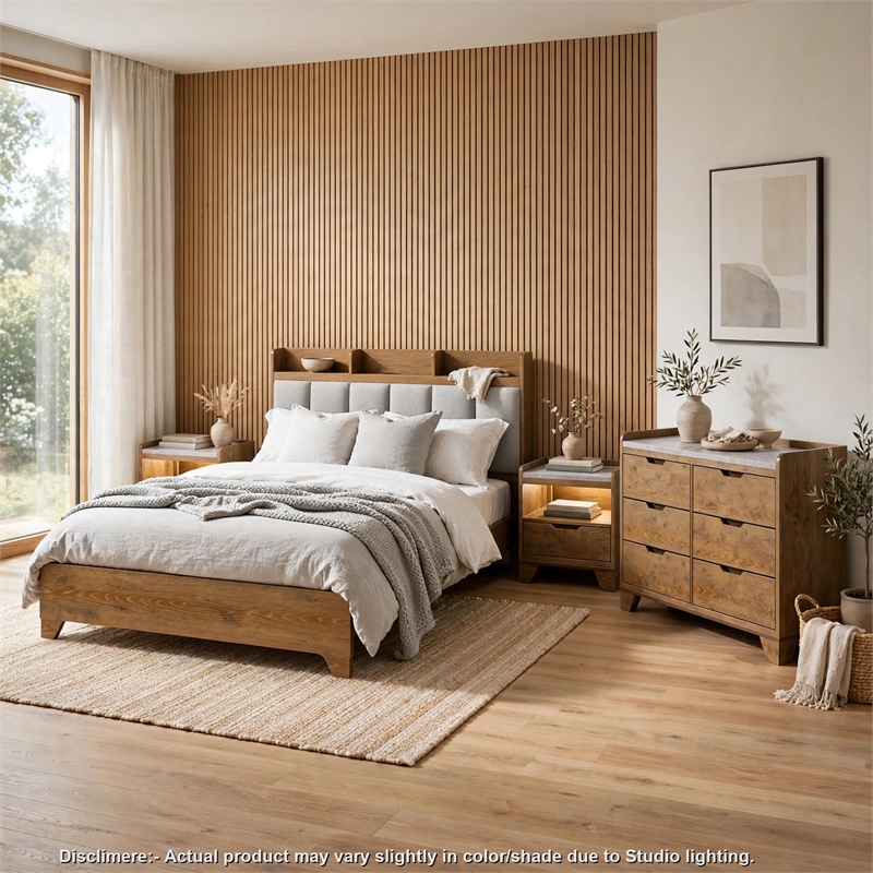 King Bedroom Set- Light Aspen Brown Gray- 4pc w 2 Nightstands- Dresser