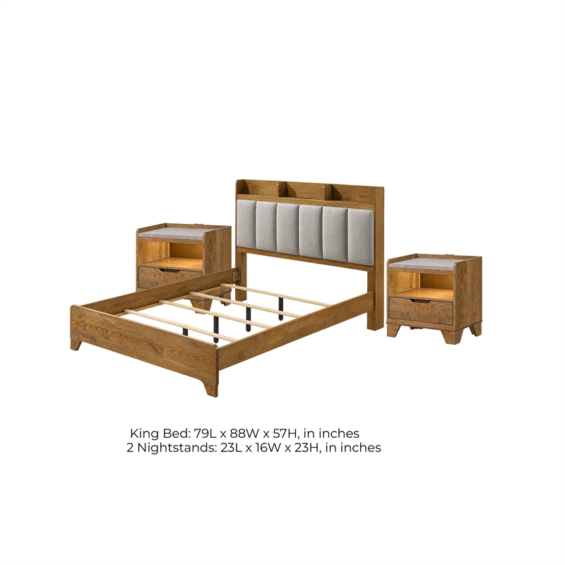 King Bedroom Set- Light Aspen Brown Gray- 3pc w 2 Nightstands
