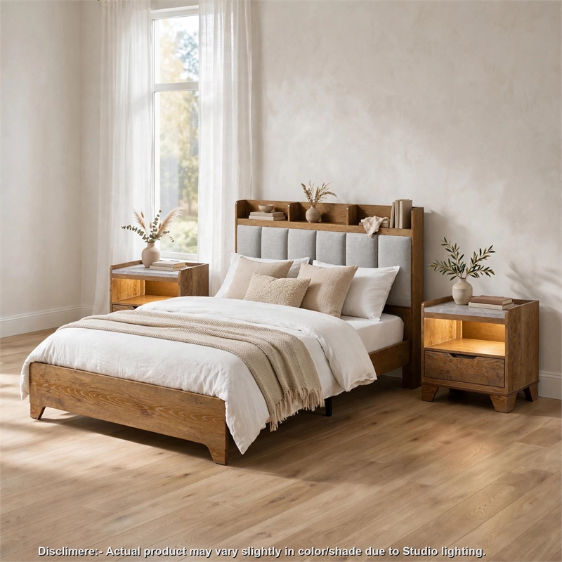 King Bedroom Set- Light Aspen Brown Gray- 3pc w 2 Nightstands