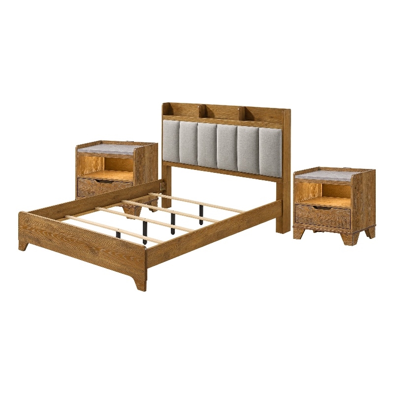 King Bedroom Set- Light Aspen Brown Gray- 3pc w 2 Nightstands