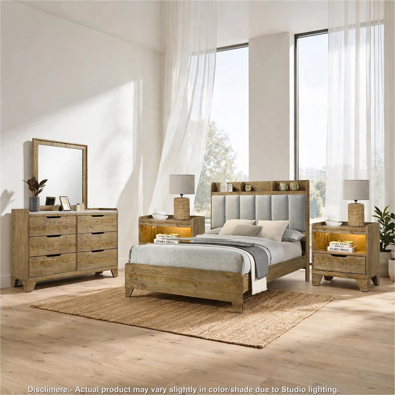 Queen Bedroom Set- Light Aspen Brown Gray- 5pc w 2 Nightstands