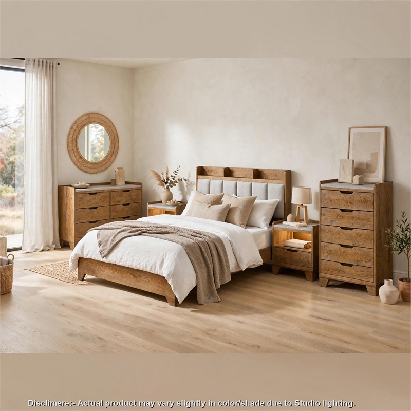 Queen Bedroom Set- Light Aspen Brown Gray- 5pc w 2 Nightstands- Chest