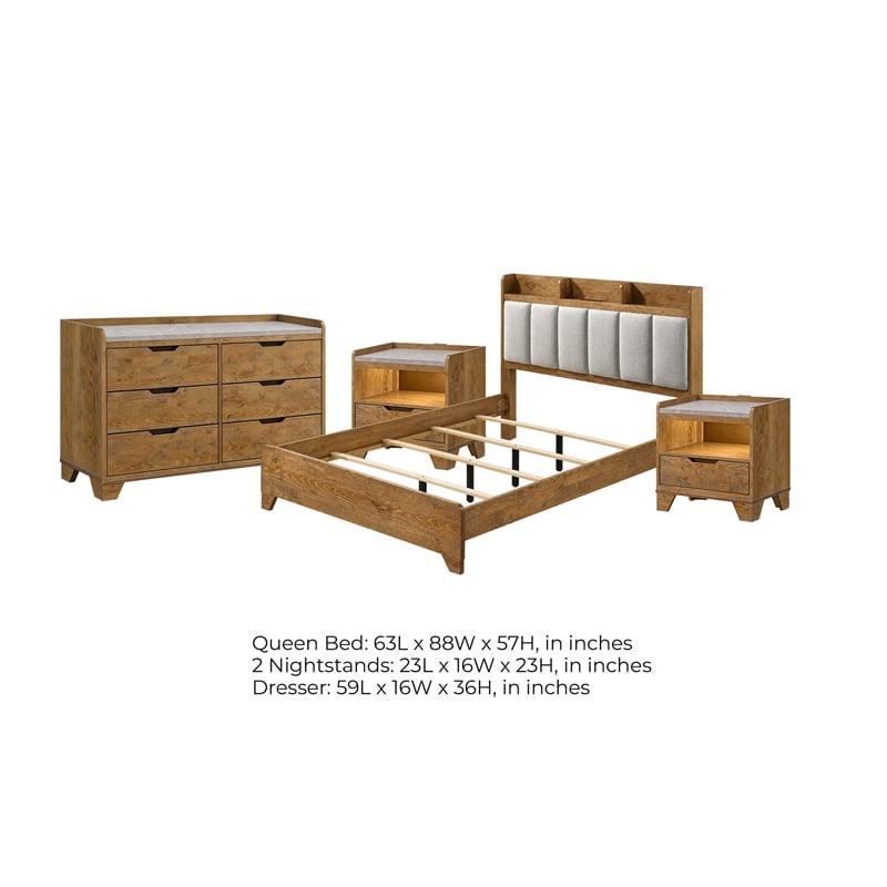 Queen Bedroom Set- Light Aspen Brown Gray- 4pc w 2 Nightstands- Dresser