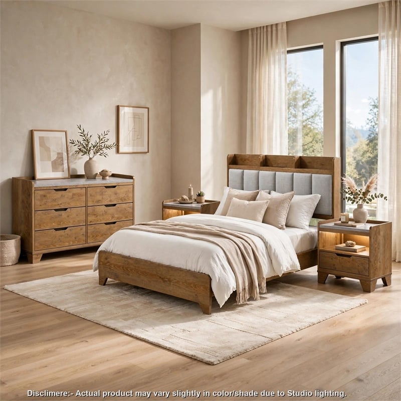 Queen Bedroom Set- Light Aspen Brown Gray- 4pc w 2 Nightstands- Dresser