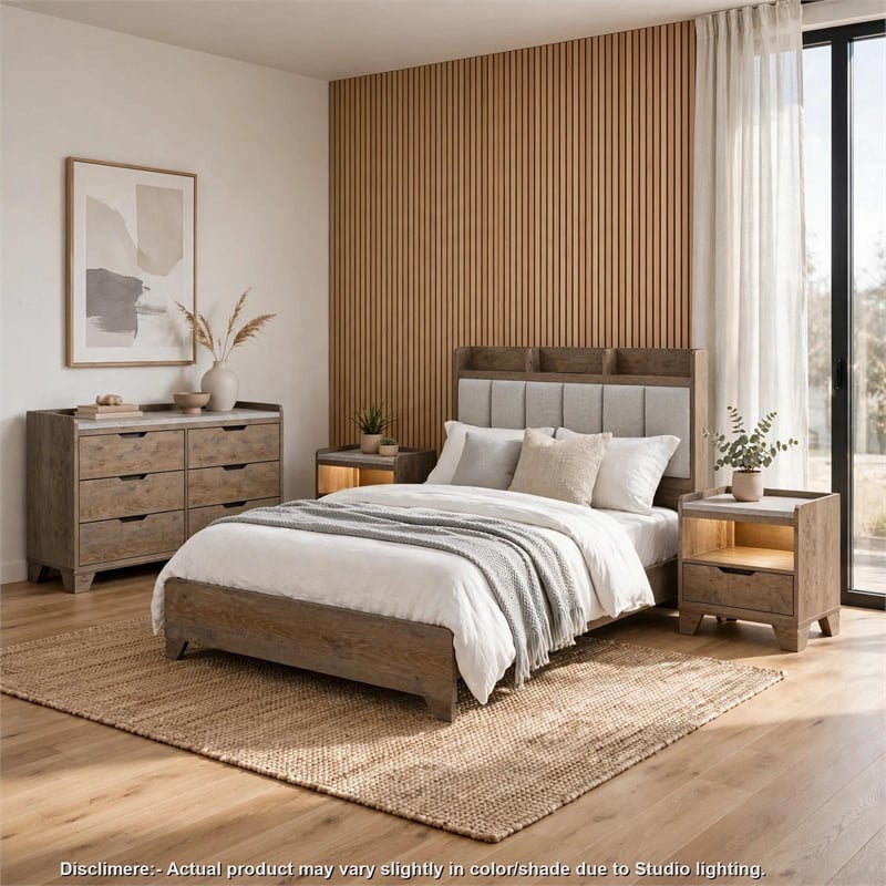 Queen Bedroom Set- Light Aspen Brown Gray- 4pc w 2 Nightstands- Dresser