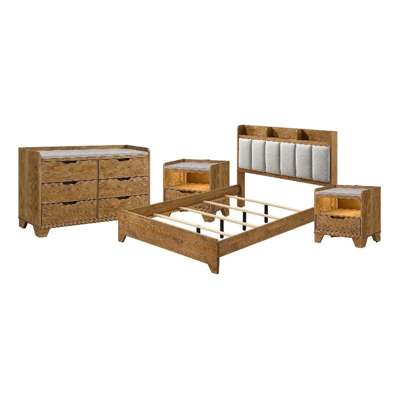 Queen Bedroom Set- Light Aspen Brown Gray- 4pc w 2 Nightstands- Dresser