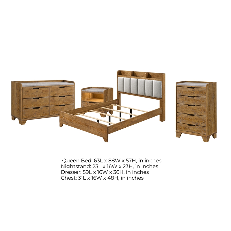 Queen Bedroom Set- Light Aspen Brown Gray- 4pc w Nightstand- Dresser