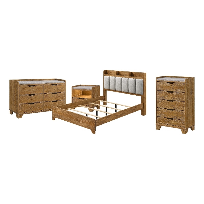 Queen Bedroom Set- Light Aspen Brown Gray- 4pc w Nightstand- Dresser