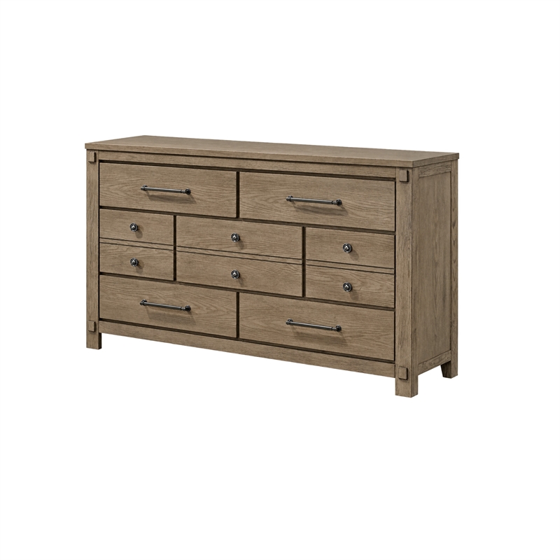 Queen Bedroom Set- Panel Design- Antique Oak Brown- 5pc w 2 Nighstands