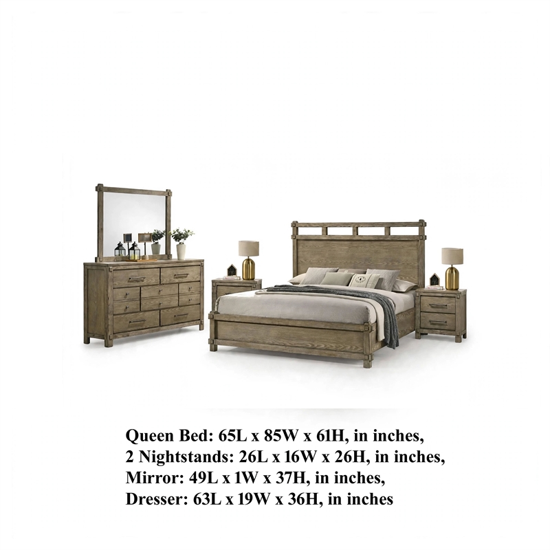 Queen Bedroom Set- Panel Design- Antique Oak Brown- 5pc w 2 Nighstands