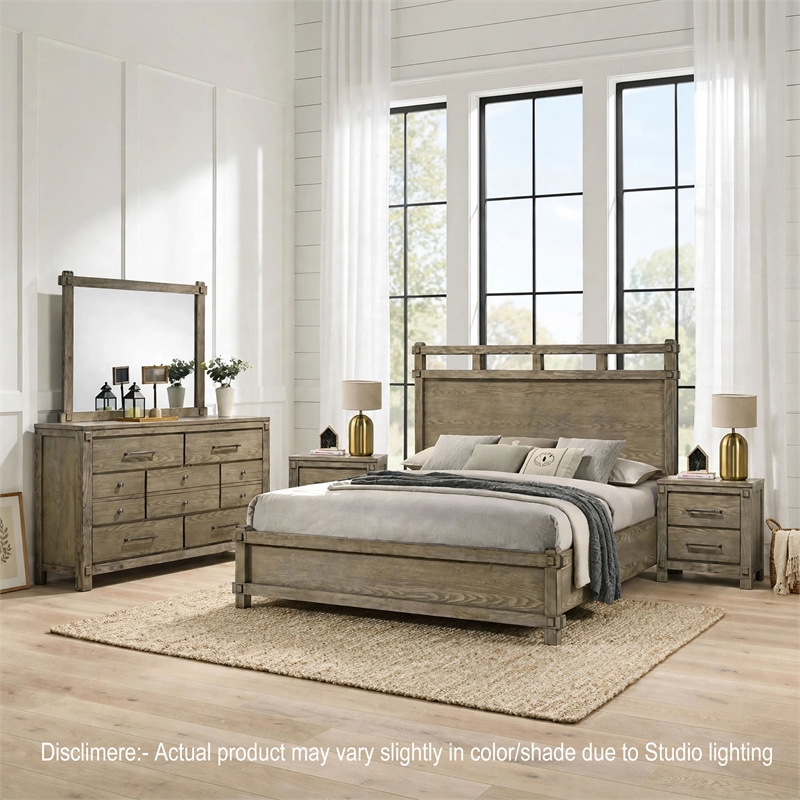 Queen Bedroom Set- Panel Design- Antique Oak Brown- 5pc w 2 Nighstands