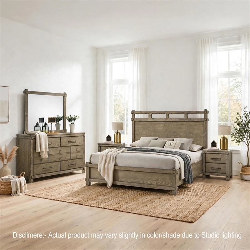 Queen Bedroom Set- Panel Design- Antique Oak Brown- 5pc w 2 Nighstands