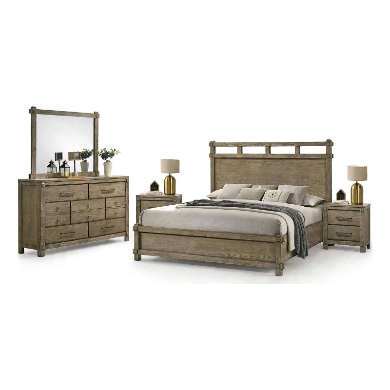 Queen Bedroom Set- Panel Design- Antique Oak Brown- 5pc w 2 Nighstands