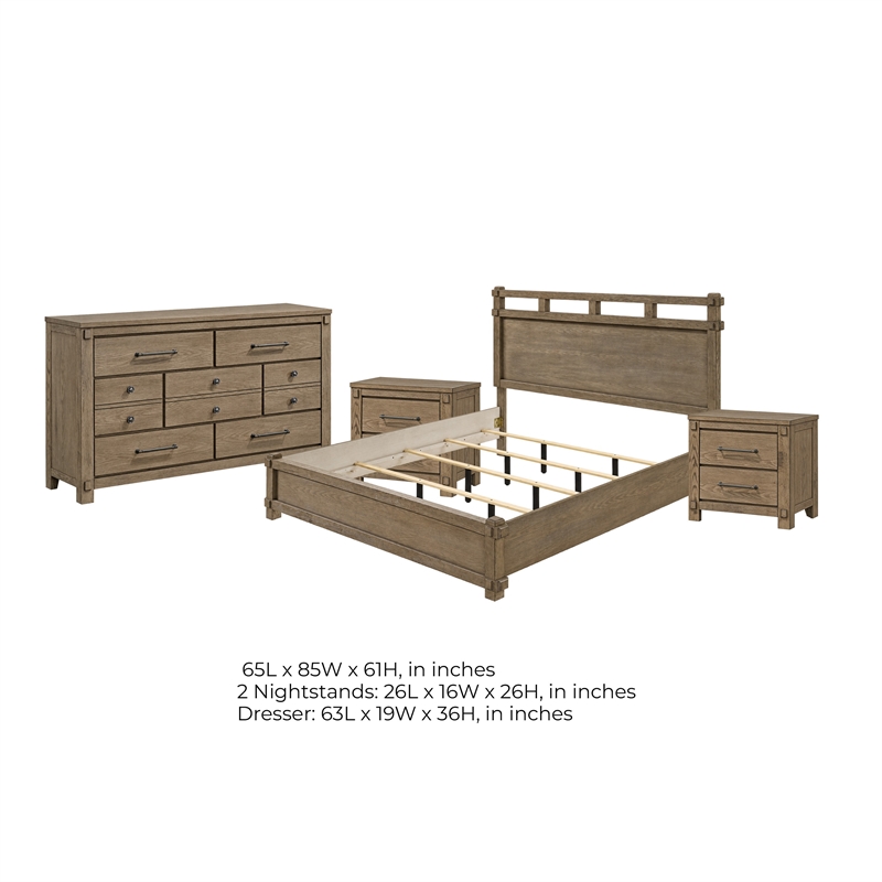 Queen Bedroom Set- Panel Design- Antique Oak Brown- 4pc w 2 Nighstands