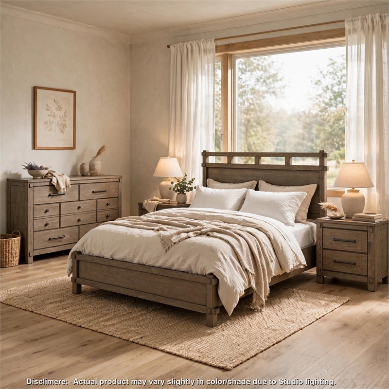 Queen Bedroom Set- Panel Design- Antique Oak Brown- 4pc w 2 Nighstands