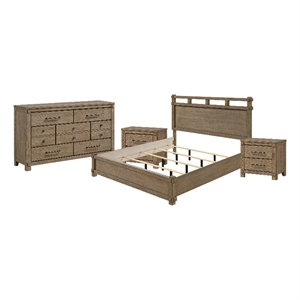 Queen Bedroom Set- Panel Design- Antique Oak Brown- 4pc w 2 Nighstands