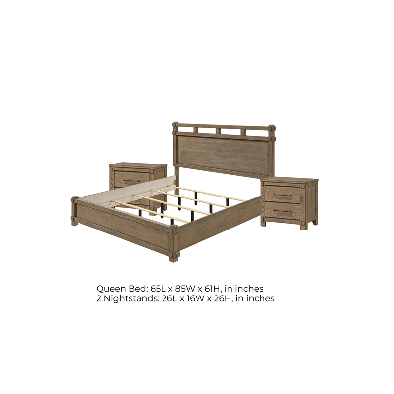 Queen Bedroom Set- Panel Design- Antique Oak Brown- 3pc w 2 NS
