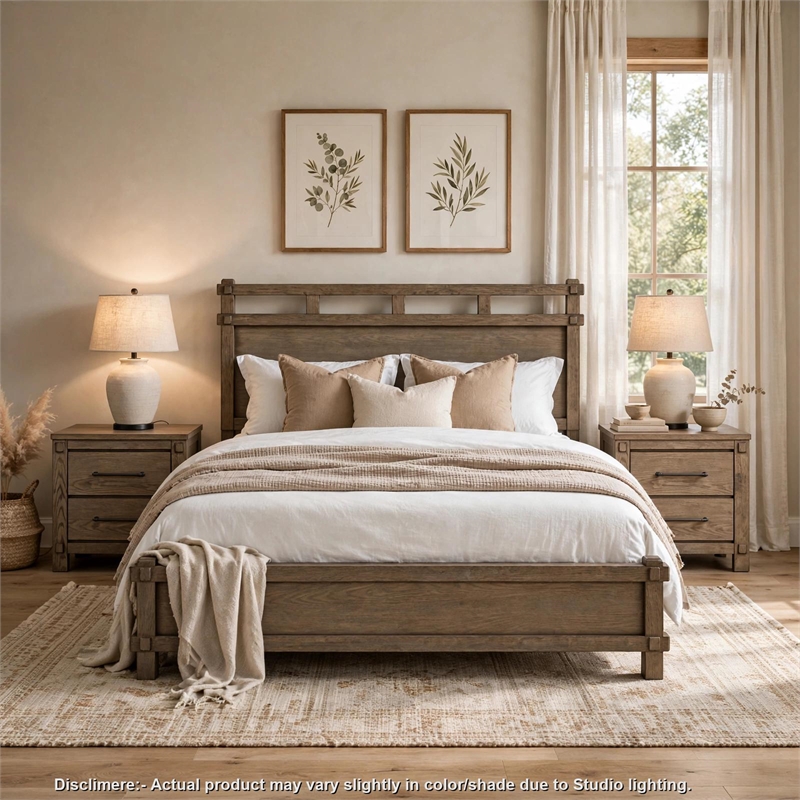 Queen Bedroom Set- Panel Design- Antique Oak Brown- 3pc w 2 NS