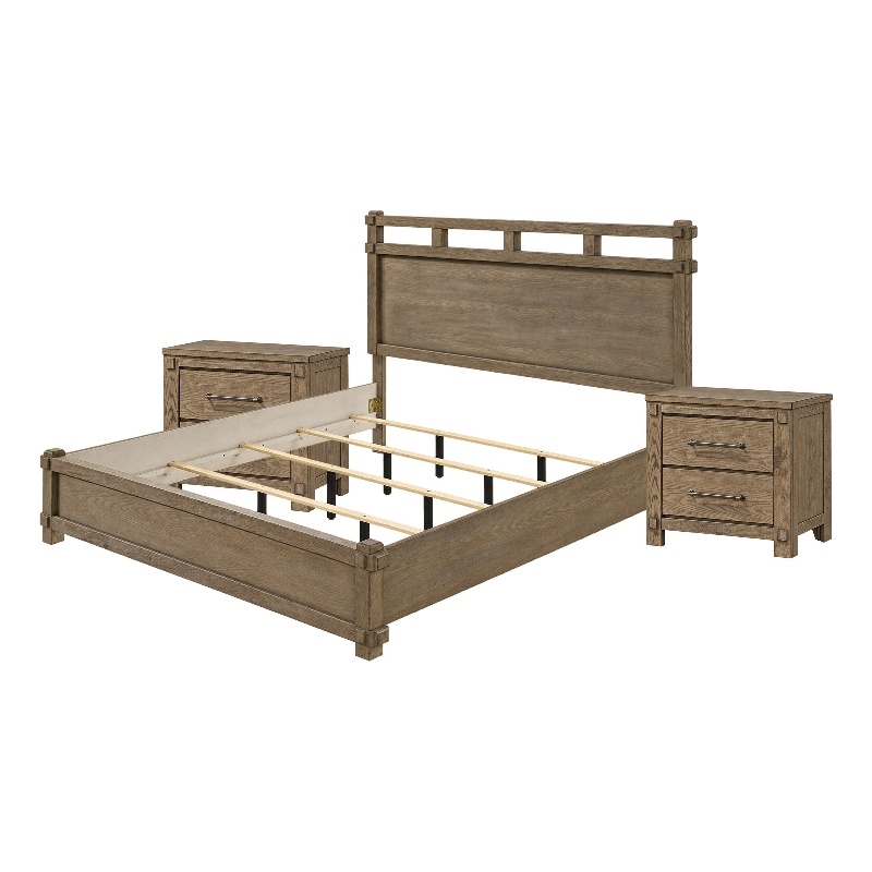 Queen Bedroom Set- Panel Design- Antique Oak Brown- 3pc w 2 NS