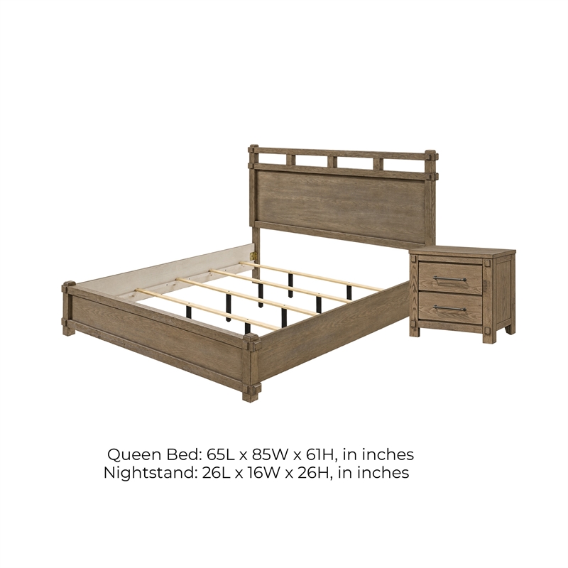 Queen Bedroom Set- Panel Design- Antique Oak Brown- 2pc w NS