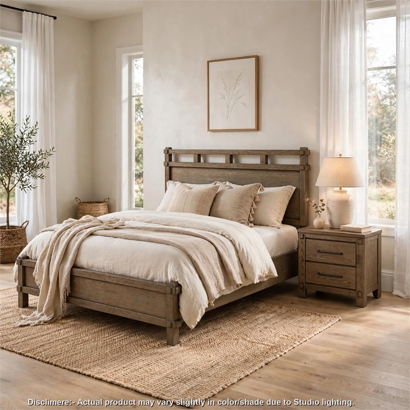 Queen Bedroom Set- Panel Design- Antique Oak Brown- 2pc w NS