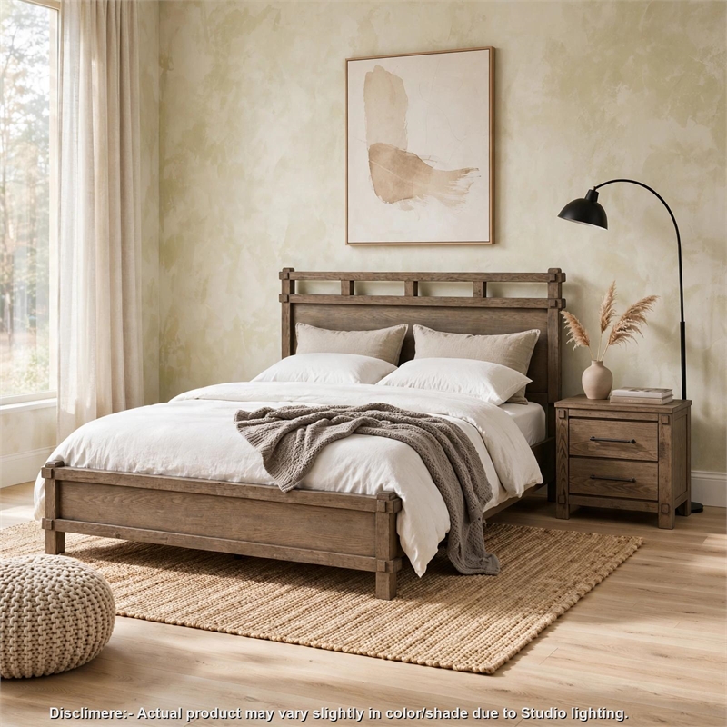 Queen Bedroom Set- Panel Design- Antique Oak Brown- 2pc w NS