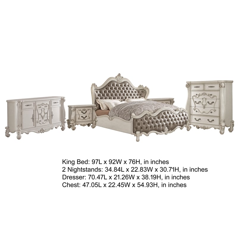 King Bedroom Set- Gray White- 5pc w 2 Nightstands- Dresser- Chest