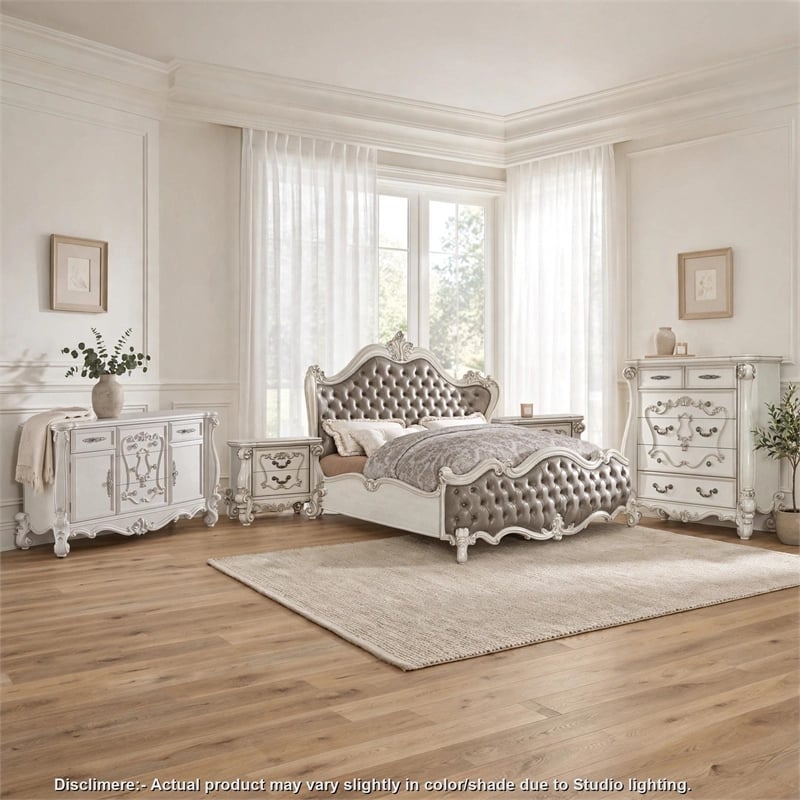 King Bedroom Set- Gray White- 5pc w 2 Nightstands- Dresser- Chest
