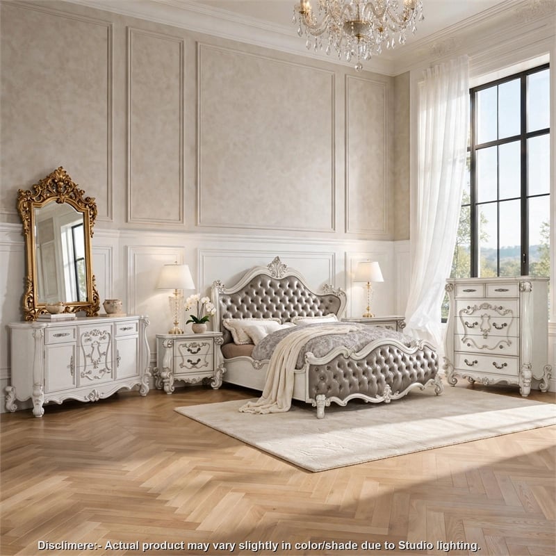King Bedroom Set- Gray White- 5pc w 2 Nightstands- Dresser- Chest
