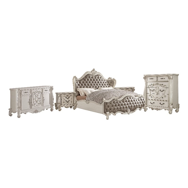 King Bedroom Set- Gray White- 5pc w 2 Nightstands- Dresser- Chest