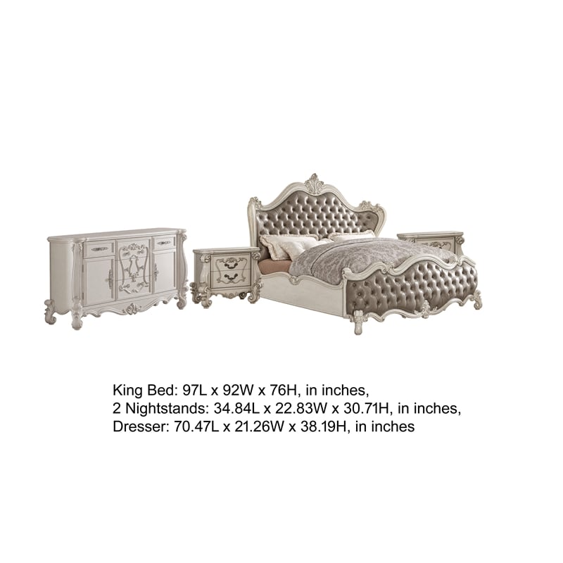 King Bedroom Set- Gray White- 4pc w 2 Nightstands- Dresser