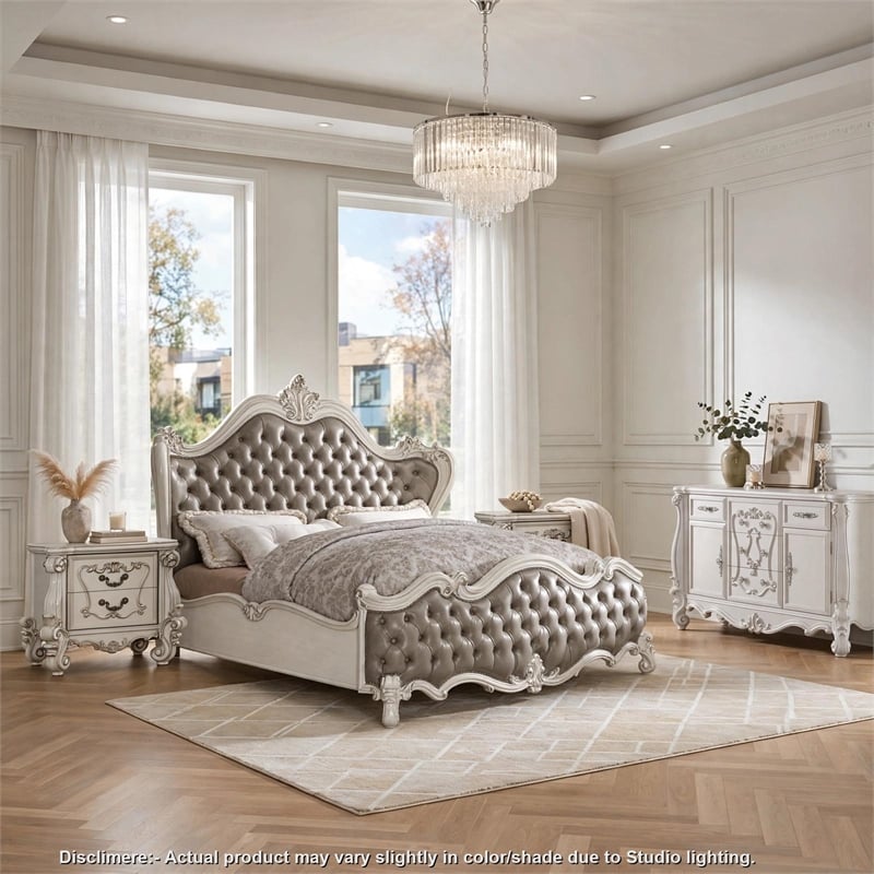 King Bedroom Set- Gray White- 4pc w 2 Nightstands- Dresser