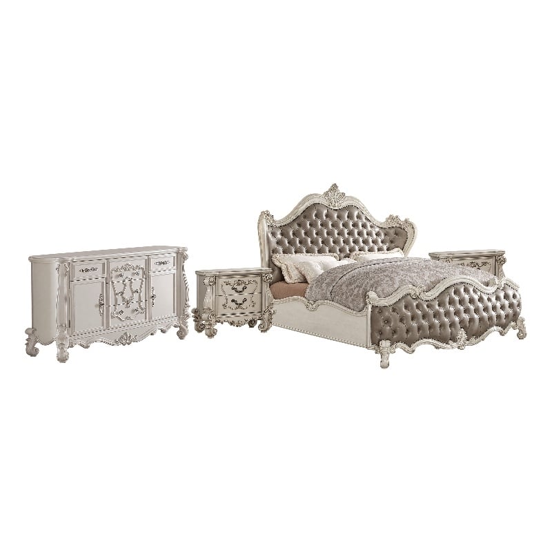 King Bedroom Set- Gray White- 4pc w 2 Nightstands- Dresser