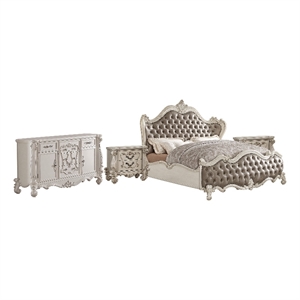 King Bedroom Set- Gray White- 4pc w 2 Nightstands- Dresser