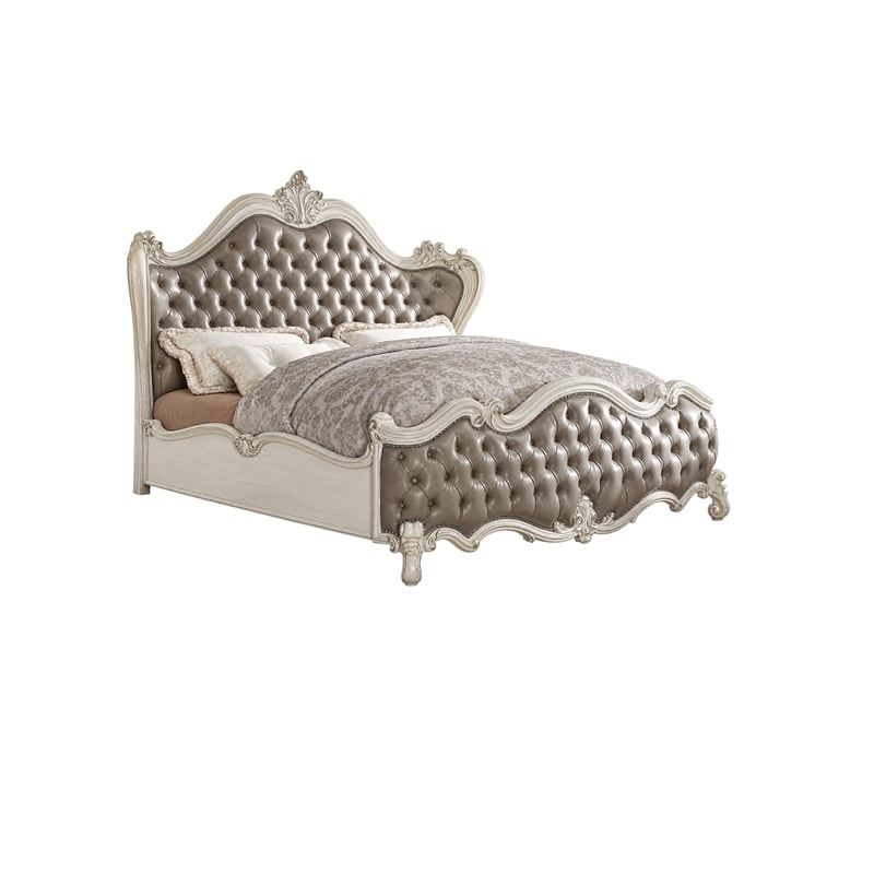 King Bedroom Set- Upholstered Design- Gray White- 3pc w 2 Nightstands