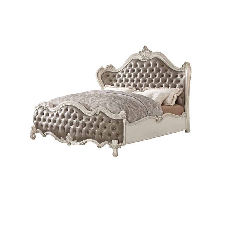 King Bedroom Set- Upholstered Design- Gray White- 3pc w 2 Nightstands