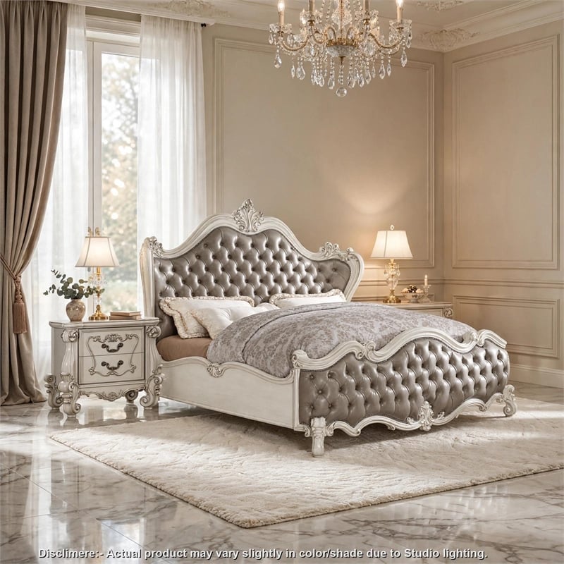 King Bedroom Set- Upholstered Design- Gray White- 3pc w 2 Nightstands