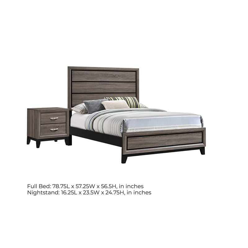 Full Bedroom Set- Gray and Black- 2 Piece Set with Nightstand