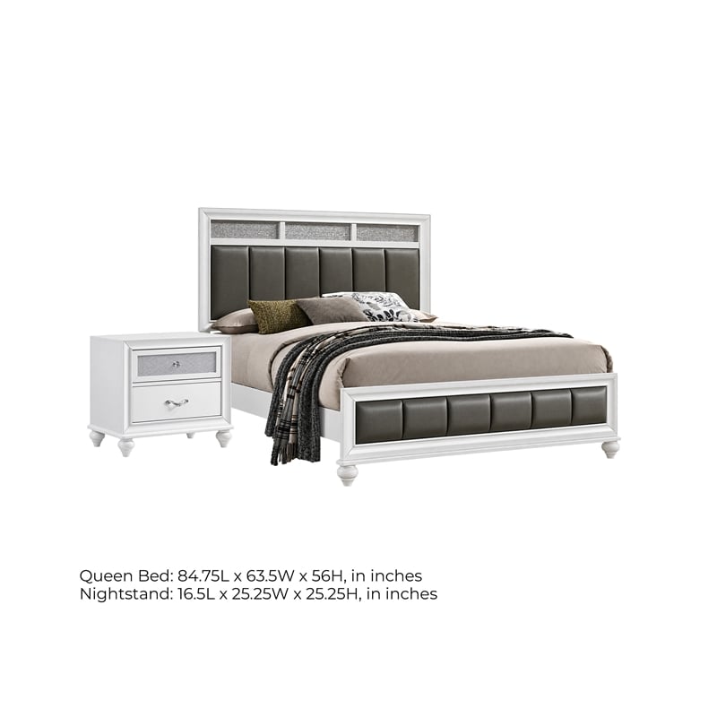Queen Bedroom Set- White and Gray- 2 Piece Set with Nightstand