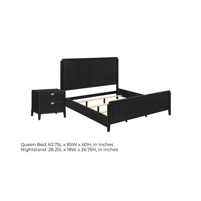 Queen Bedroom Set- Black and Gold- 2 Piece Set with Nightstand