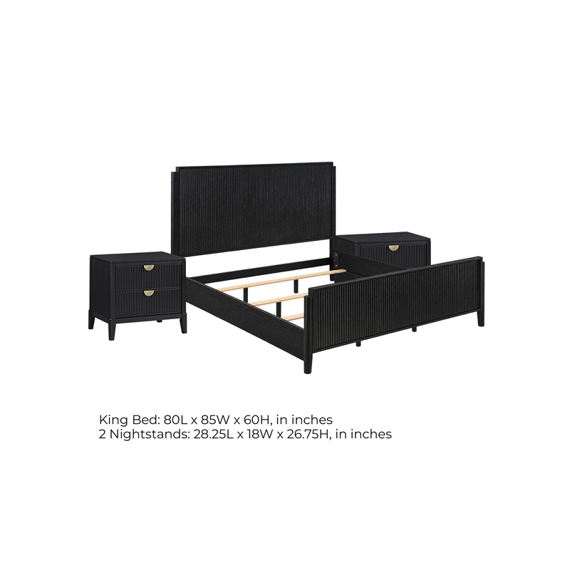 King Bedroom Set- Black and Gold- 3 Piece Set with 2 Nightstands