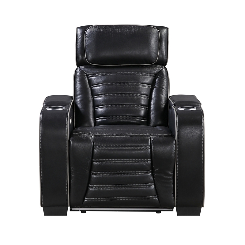 Cyrus Power Recliner w Headrest- Heat Massage- USB Ports-Black Leather
