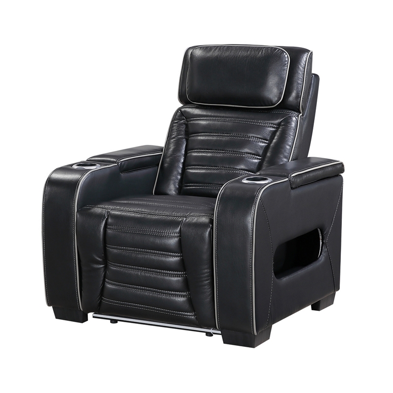 Cyrus Power Recliner w Headrest- Heat Massage- USB Ports-Black Leather