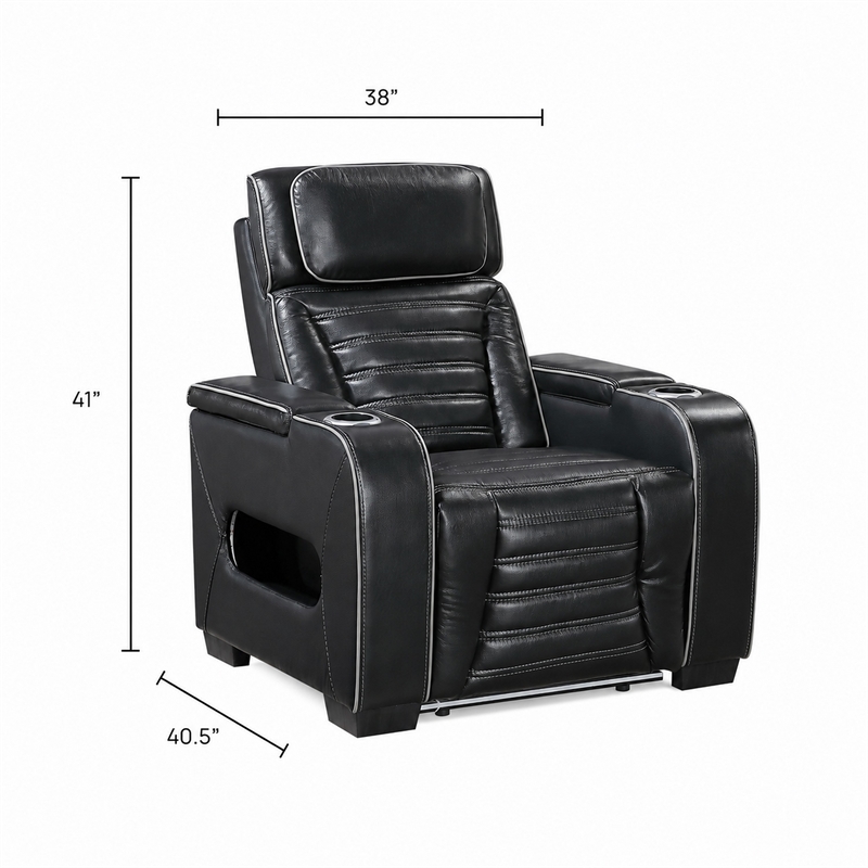 Cyrus Power Recliner w Headrest- Heat Massage- USB Ports-Black Leather