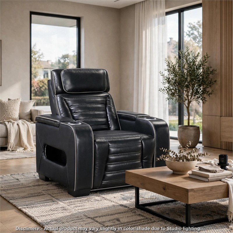 Cyrus Power Recliner w Headrest- Heat Massage- USB Ports-Black Leather