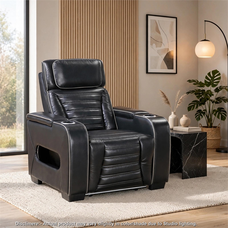 Cyrus Power Recliner w Headrest- Heat Massage- USB Ports-Black Leather