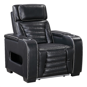 Cyrus Power Recliner w Headrest- Heat Massage- USB Ports-Black Leather
