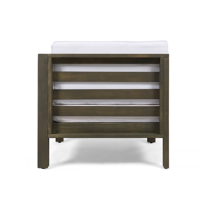 Carie Outdoor Right Arm Chair- White Cushions- Slatted Gray Wood