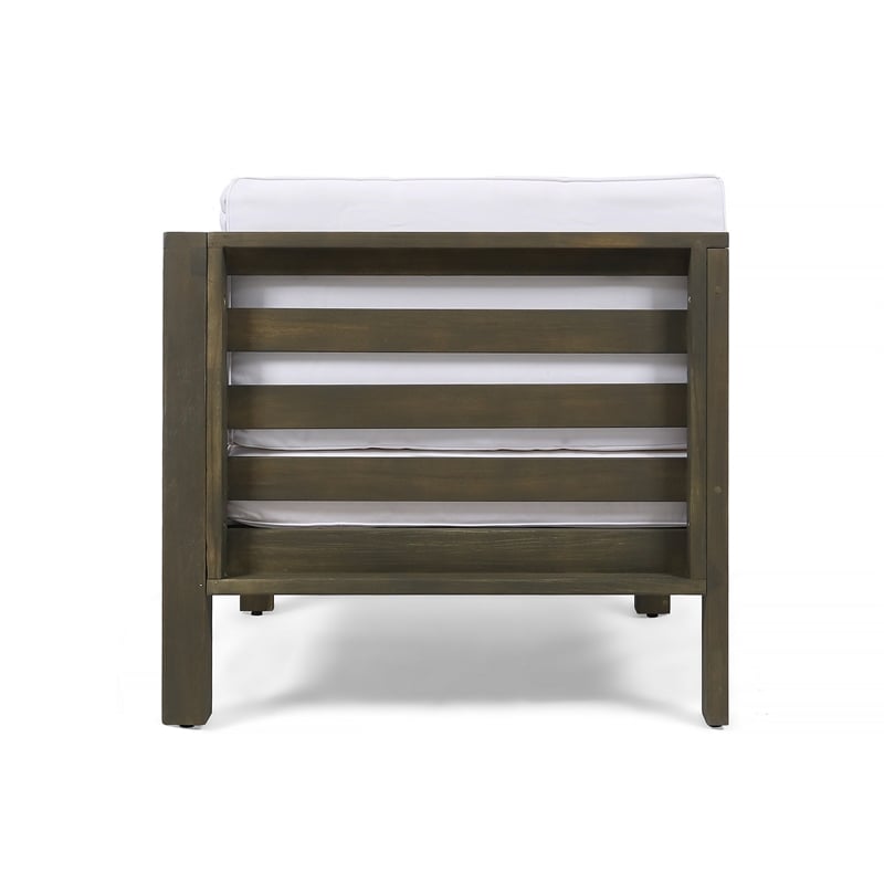 Carie Outdoor Right Arm Chair- White Cushions- Slatted Gray Wood